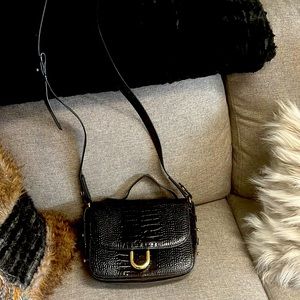 Black Alligator J Crew saddle bag purse with gold detailing